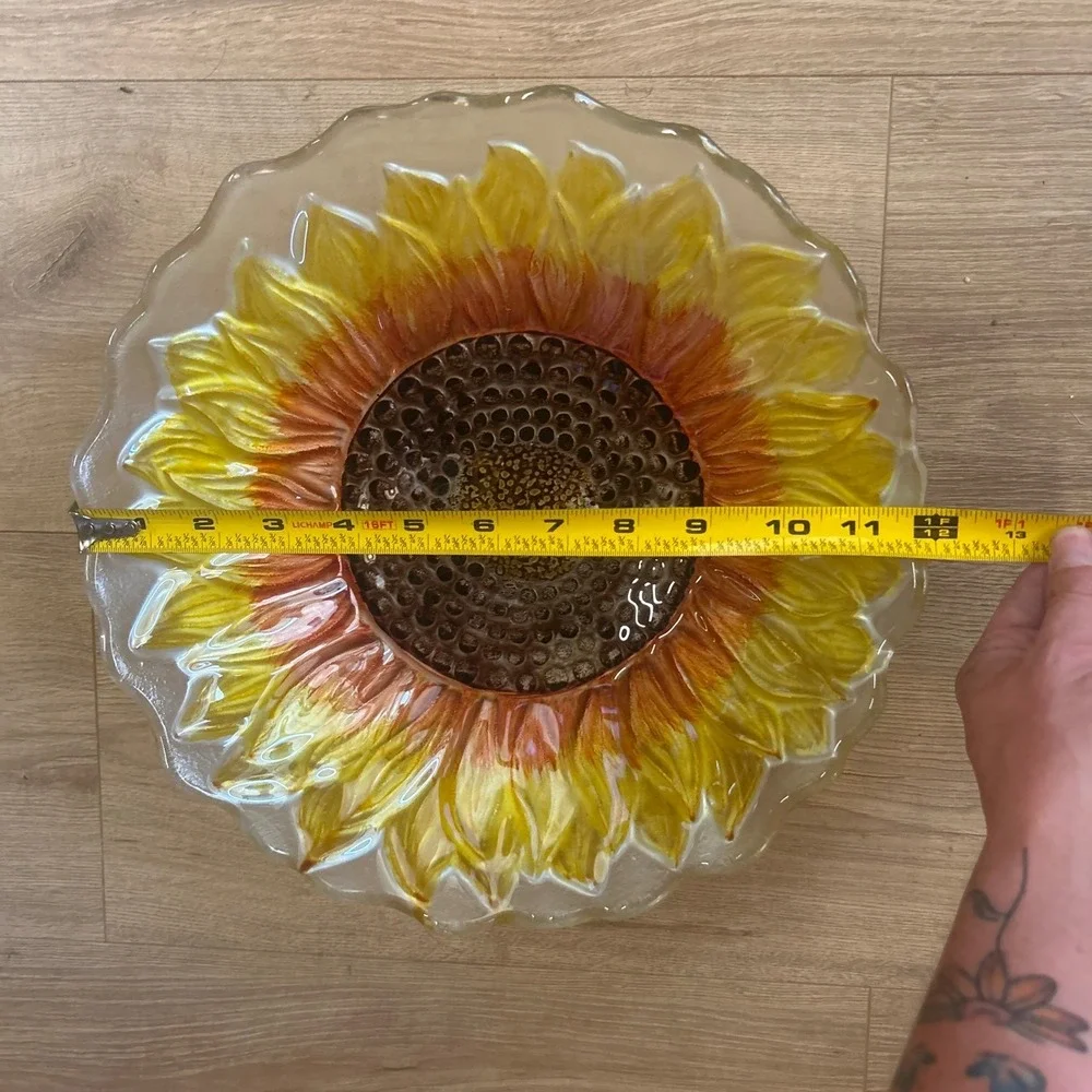 Hand Painted Sunflower Glass Bowl Scalloped Edge Floral Decorative Serving Dish
